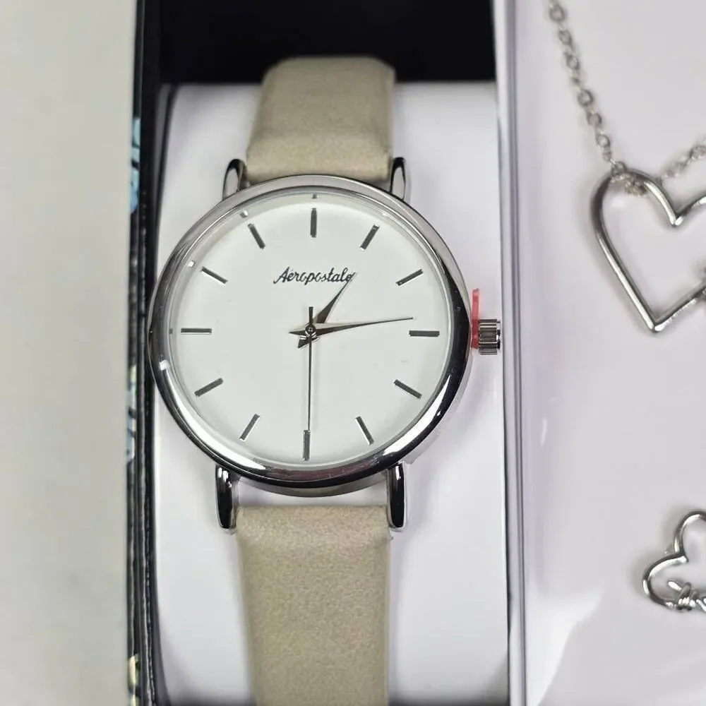 Aeropostale Watch Jewelry Set Necklace Earrings Silver Tone Heart